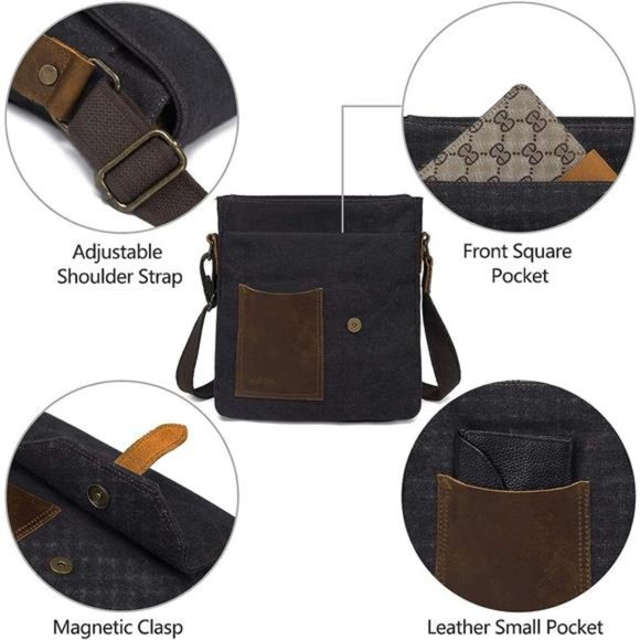 Small Messenger Bag, Vintage Canvas Leather Lightweight Crossbody Bag - Picture 2 of 6